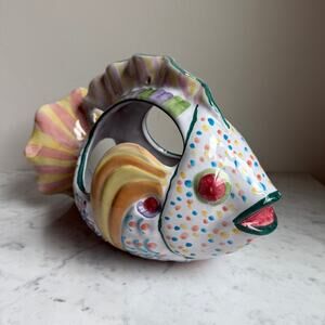 Whimsical Colorful Fish Planter Ceramic Pottery 12" Hand Painted